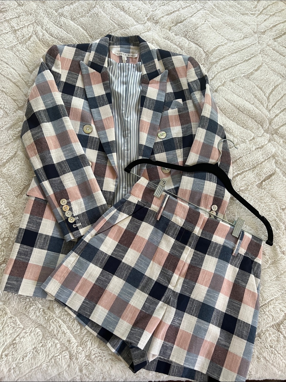 Veronica Beard Pink Navy Cream Plaid Blazer and shorts - Picture 1 of 8